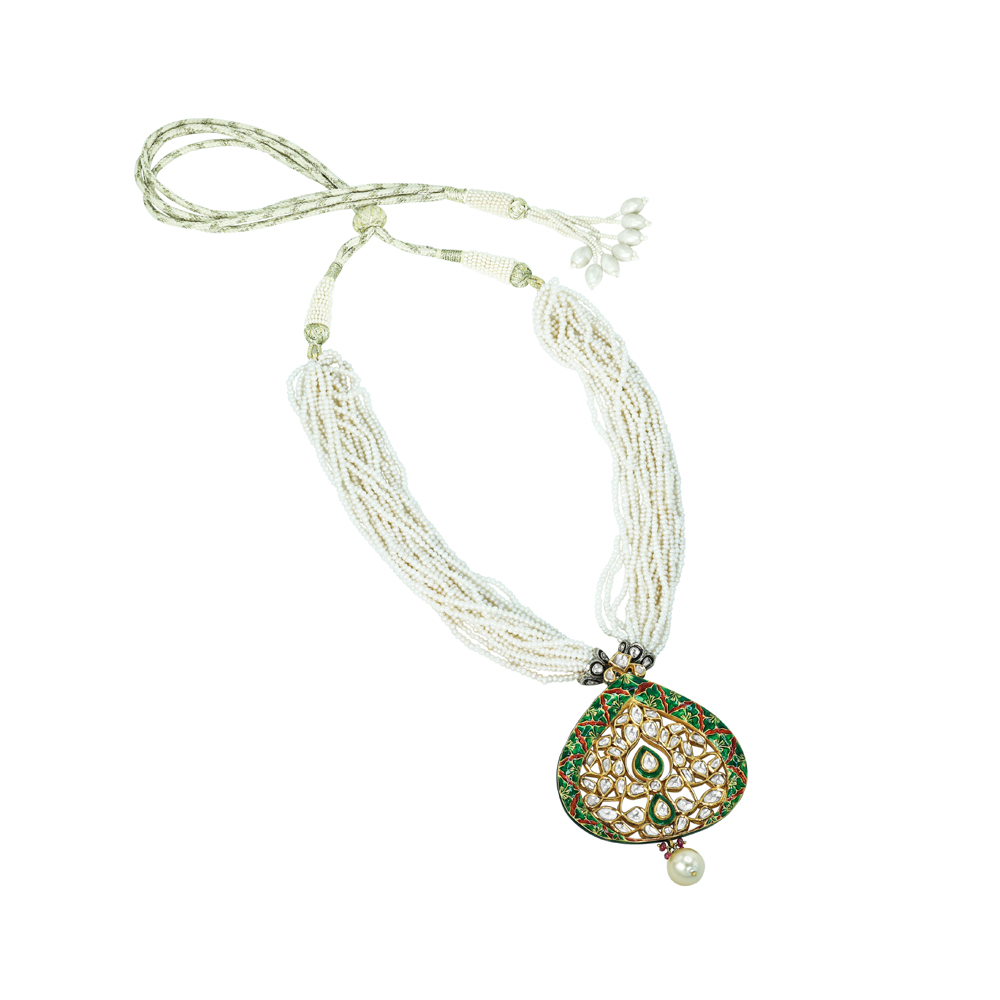 Polki Necklace Set with Green Enamel, Pearl Strands, and Drops